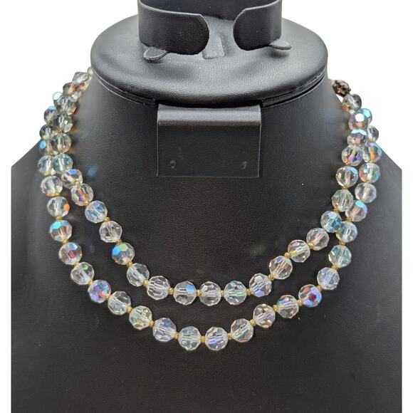 Vintage Double Strand Aurora Borealis Crystal Gold Bead 13"-15" Choker Necklace - Picture 1 of 8